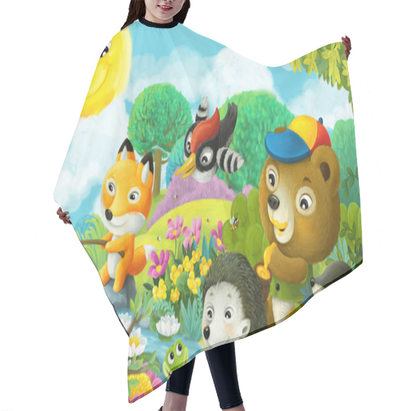 Personality  Cartoon Scene With Different Forest Animals Friends Having Fun Together Fishing Illustration For Children Hair Cutting Cape