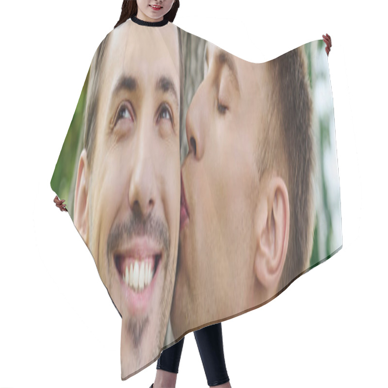 Personality  Two Joyful Men Share An Affectionate Kiss Surrounded By Vibrant Nature, Radiating Happiness. Hair Cutting Cape