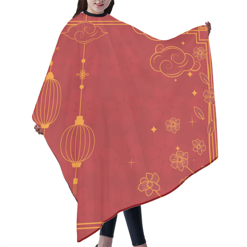 Personality  Red Square Template With Chinese Outline Elements, Clouds, Lanterns, Flowers, And Sparkles For Elegant Designs Hair Cutting Cape