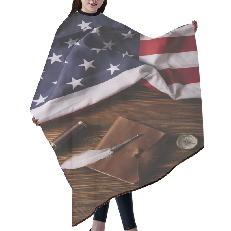 Personality  Top View Of Leather Notebook, Nib, Telescope And Compass On Wooden Surface With American National Flag Hair Cutting Cape