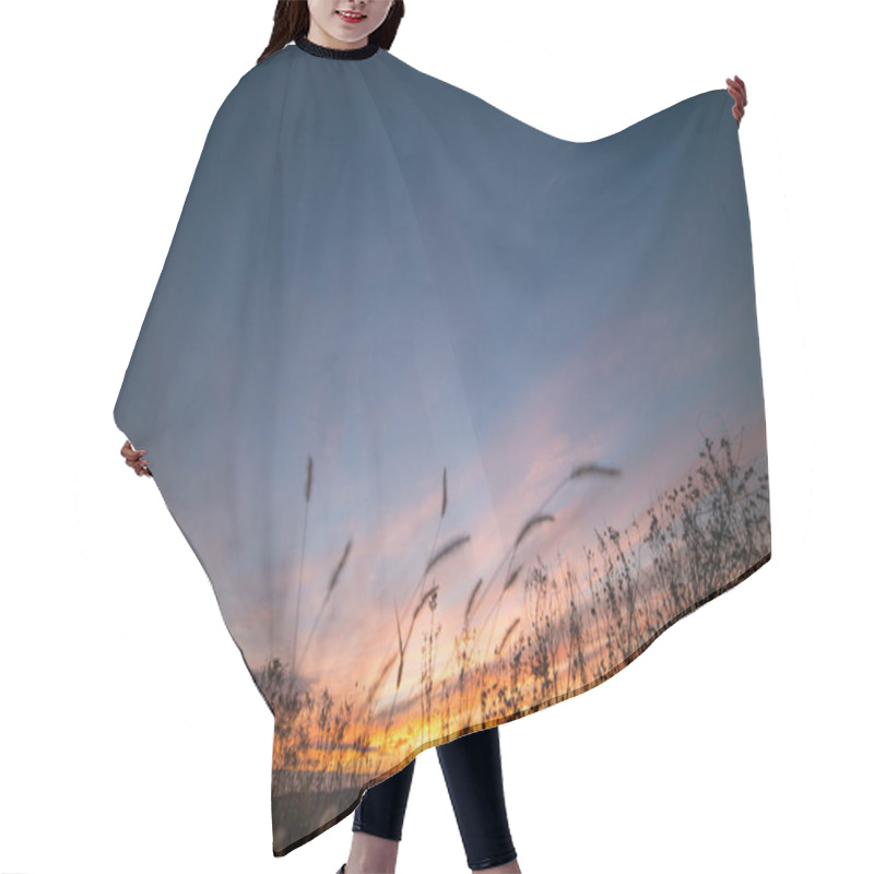 Personality  Dramatic Partially Cloudy Crimson Sunset Sky With Moon Crescent Over Fields Hair Cutting Cape