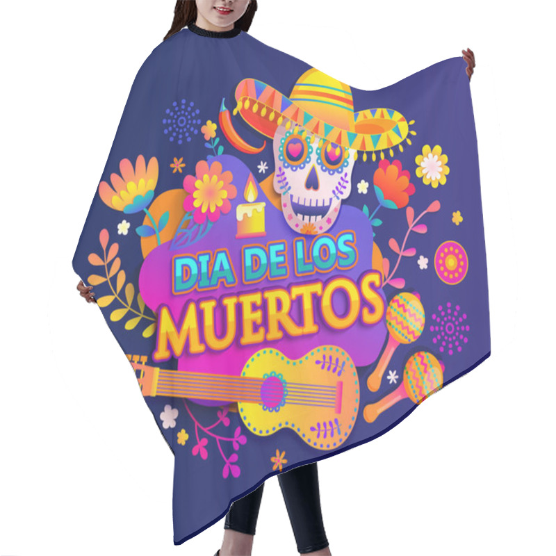 Personality  Bright Banner For Day Of The Dead, Mexican Dia De Los Muertos, Poster With Colorful Flowers, Skull In Sombrero, Guitar And Maracas.Fiesta, Party Flyer, Greeting Or Invitation Card.Vector Illustration. Hair Cutting Cape