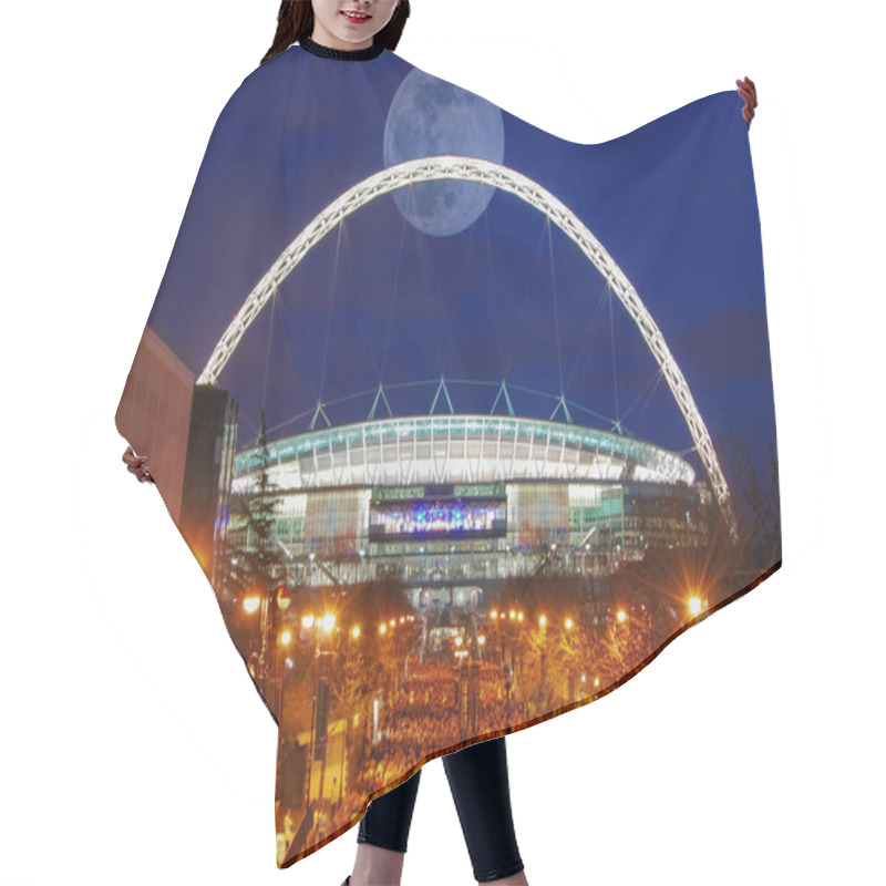 Personality  A Full Moon Behind The Illuminated Arch Of Wembley Stadium In London, UK Hair Cutting Cape