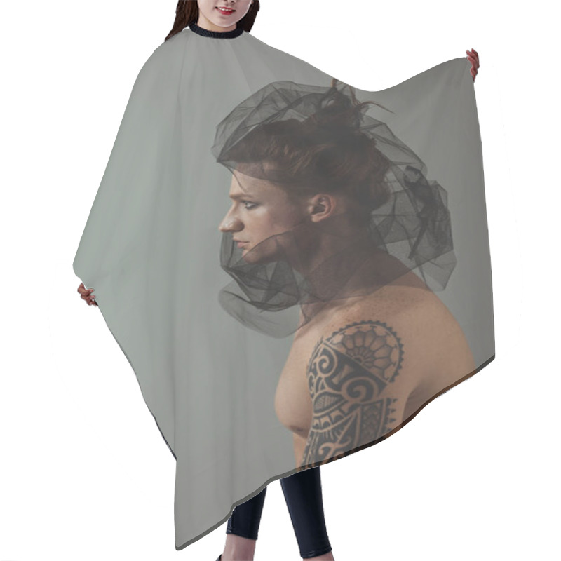 Personality  Shirtless Tattooed Man With Fashionable Black Net On Head, Isolated On Grey Hair Cutting Cape