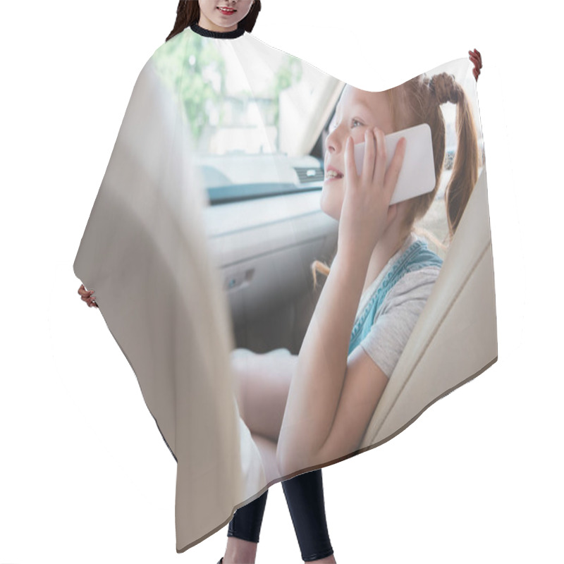 Personality  Side View Of Smiling Kid Talking On Smartphone In Car Hair Cutting Cape