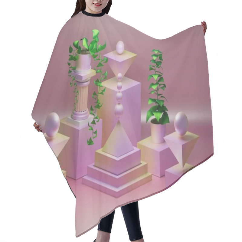 Personality  Pink Composition With Low Poly Geometric Objects Shapes And Potted Green Plants With Leaves. 3d Illustration. Hair Cutting Cape