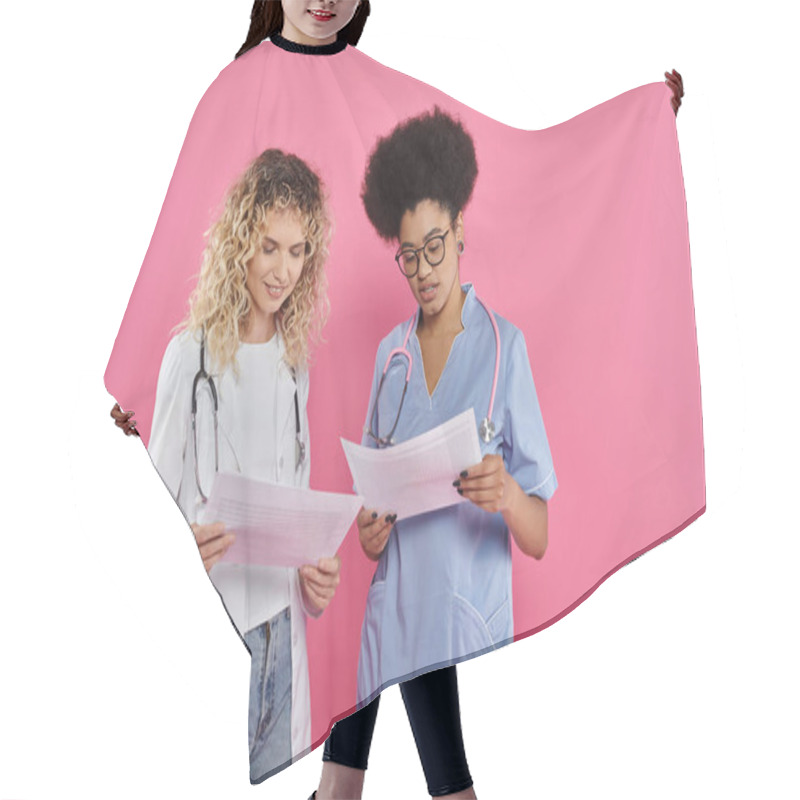 Personality  Happy Female Oncologists, Interracial Doctors On Pink Backdrop, Breast Cancer Awareness, Diagnosis Hair Cutting Cape