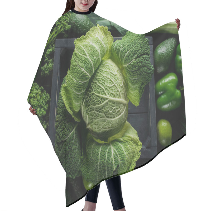 Personality  Elevated View Of Green Savoy Cabbage In Wooden Box Between Vegetables, Healthy Eating Concept Hair Cutting Cape