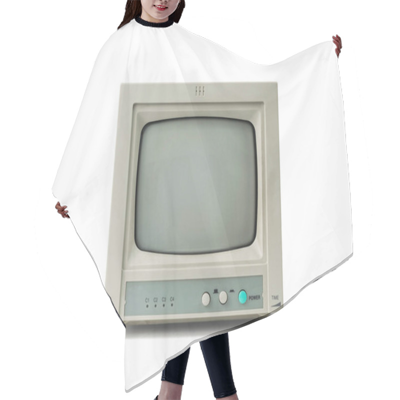 Personality  A Small Retro Gray Monitor Isolated On A White Background. Retro Equipment. Hair Cutting Cape