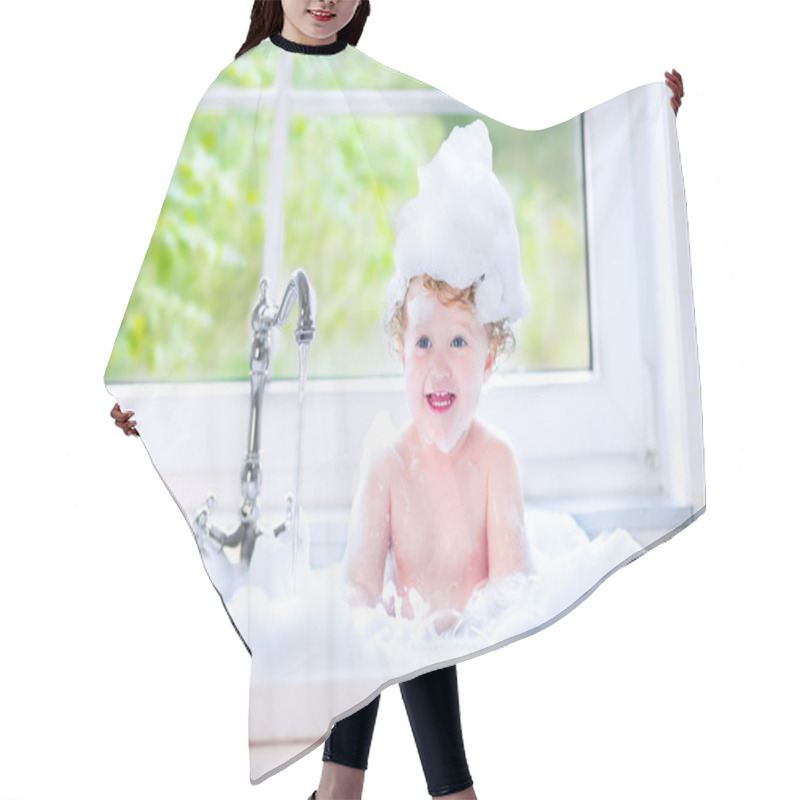 Personality  Funny Baby Girl Playing With Water And Foam In A Big Kitchen Sin Hair Cutting Cape