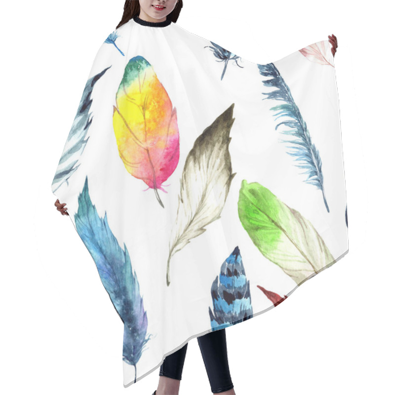 Personality  Watercolor Bird Feather From Wing. Seamless Background Pattern. Fabric Wallpaper Print Texture. Aquarelle Feather For Background, Texture, Wrapper Pattern, Frame Or Border. Hair Cutting Cape