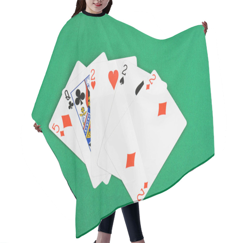 Personality  Top View Of Green Poker Table With Unfolded Playing Cards Combination With Different Suits Hair Cutting Cape