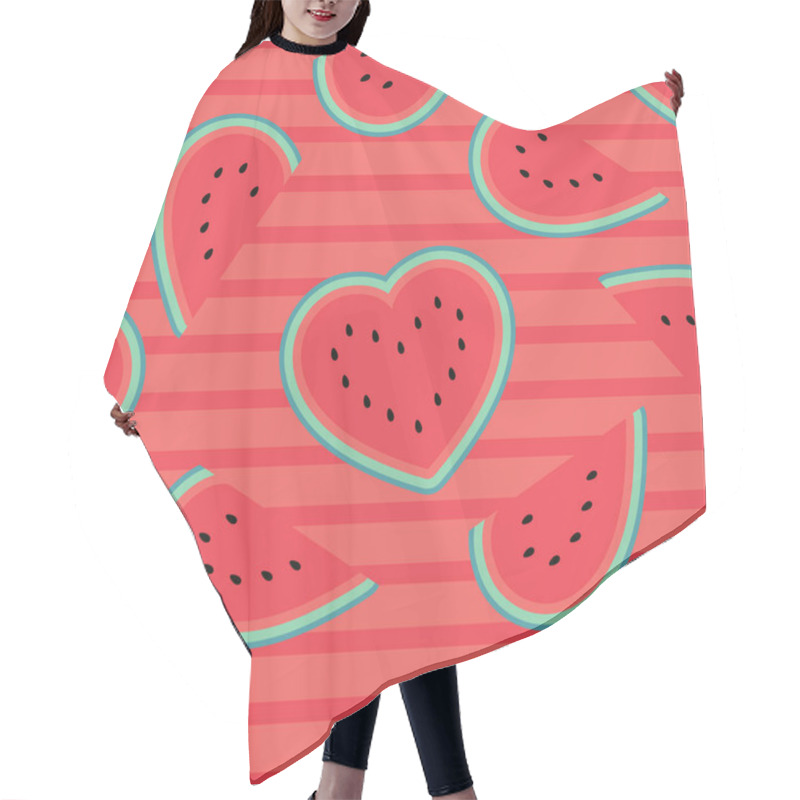 Personality  Valentine's Day Watermelon Hearts Seamless Pattern On Red Striped Background. Flat Cartoon Style. Vector Illustration Hair Cutting Cape