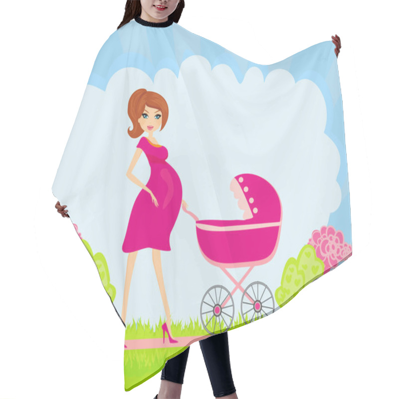 Personality  Beautiful Pregnant Woman Pushing A Stroller Hair Cutting Cape