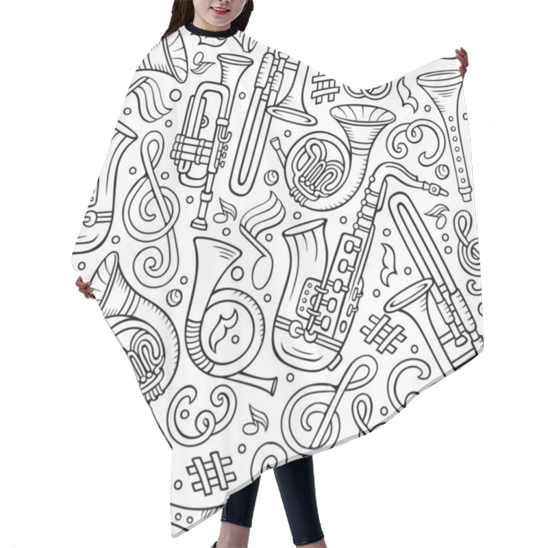 Personality  Cartoon Hand-drawn Classic Music Seamless Pattern. Lots Of Symbols, Objects And Elements. Perfect Funny Vector Background. Hair Cutting Cape