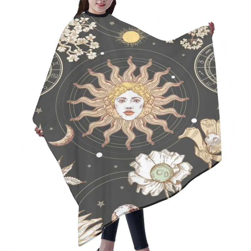 Personality  Space Background. Sample For Poster, Flyer, Tarot Cards. The Face Of The Sun, Planets, Flowers. Hair Cutting Cape