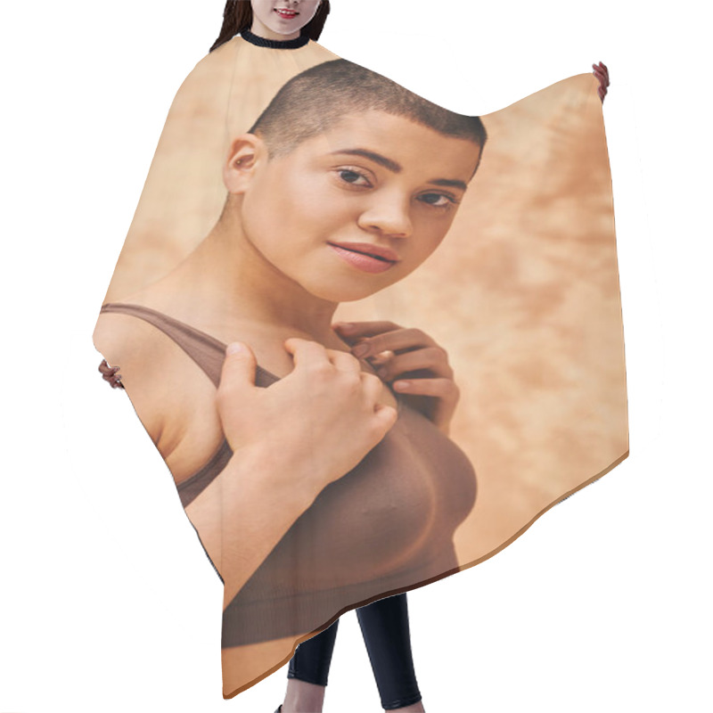 Personality  Natural Look, Self-acceptance, Young Woman With Short Hair Posing On Mottled Beige Background, Individuality, Modern Generation Z, Beauty And Confidence, Body Positivity And Confidence  Hair Cutting Cape