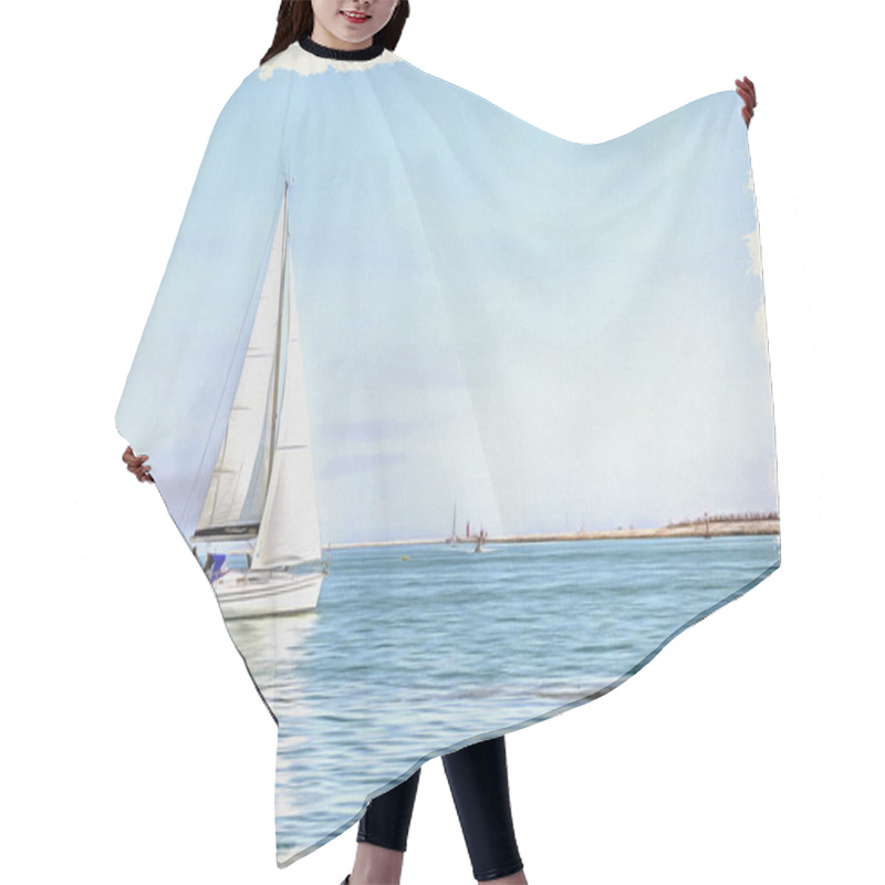 Personality  Oil Paint On Canvas. Picture With Photo, Imitation Of Painting. Yacht With White Sail In The Adriatic Sea. Illustration Hair Cutting Cape