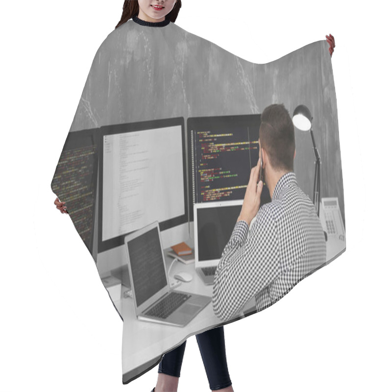 Personality  Handsome Young Programmer Working In Office Hair Cutting Cape