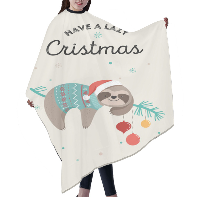 Personality  Cute Sloths, Funny Christmas Illustrations With Santa Claus Costumes, Hat And Scarfs, Greeting Cards Set, Banner Hair Cutting Cape