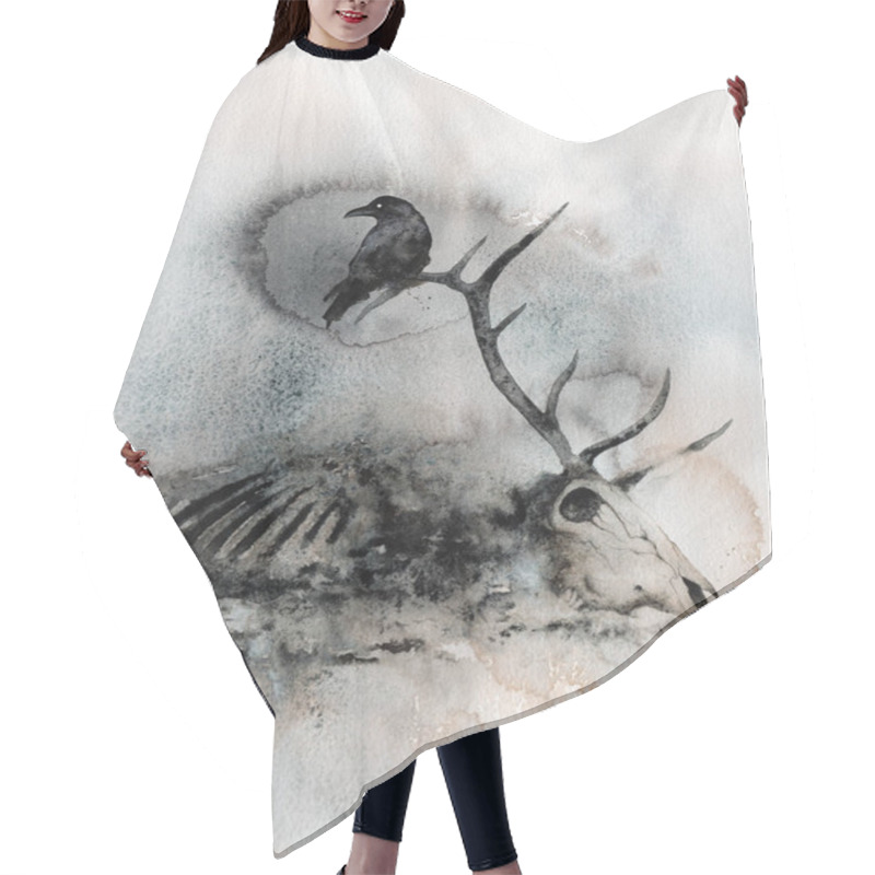 Personality  A Monochrome Painting Features A Deer Skull With A Raven Bird Perched On It. Save The Wild Nature Concept Hair Cutting Cape