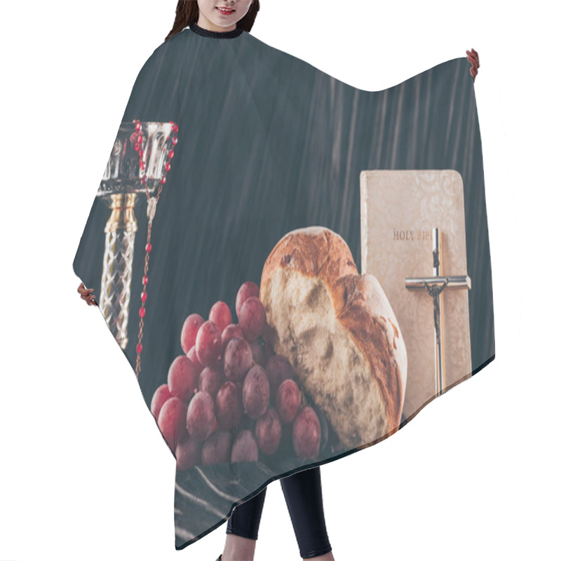 Personality  Bread, Grapes, Bible, Chalice And Christian Crosses On Dark Table For Holy Communion Hair Cutting Cape