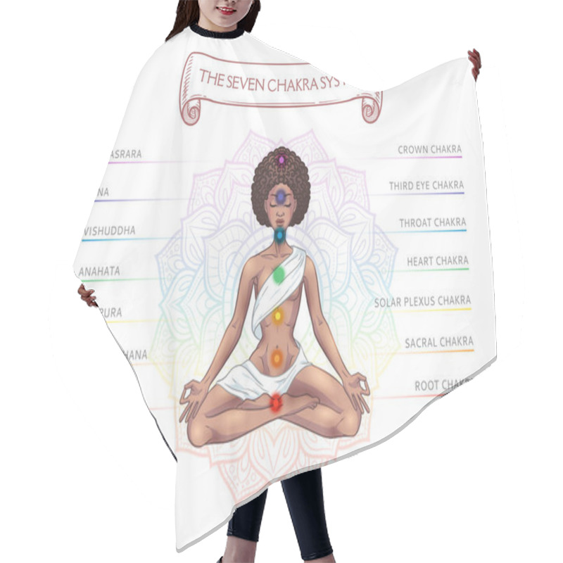 Personality  Seven Chakra System In Human Body, Infographic With Meditating Yogi Black Woman, Vector Illustration Hair Cutting Cape