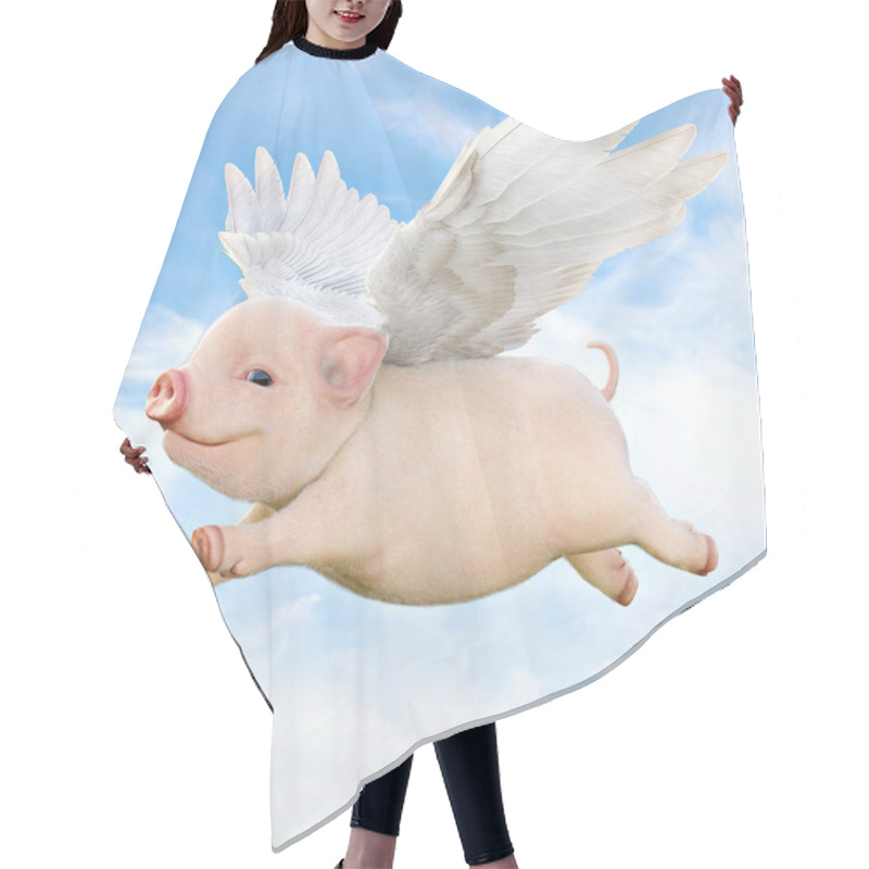 Personality  When Pigs Fly Concept. Cute Little Piggy With Wings Flying Through The Air. 3d Rendering Hair Cutting Cape