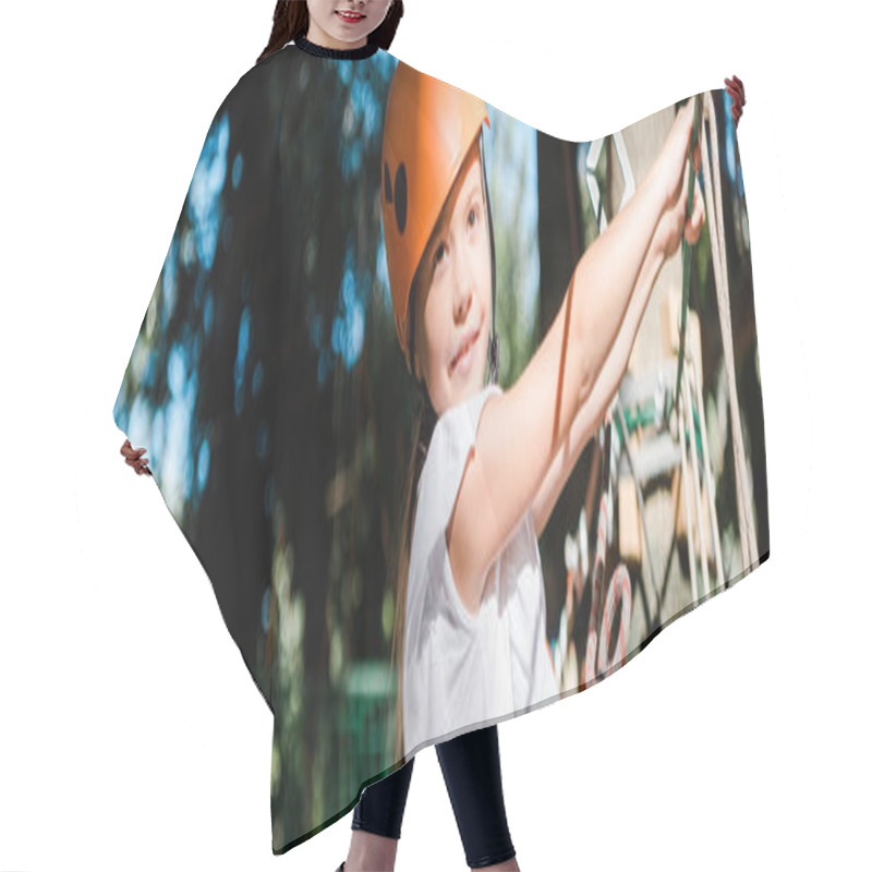 Personality  Panoramic Shot Of Positive Kid With Height Equipment On High Rope Trail  Hair Cutting Cape