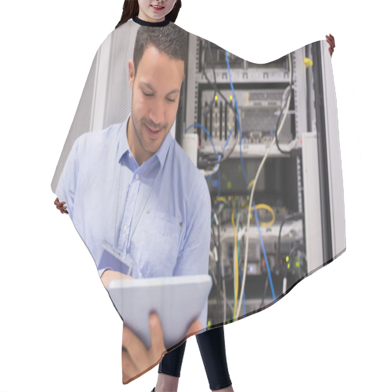 Personality  Data Centre Worker With Tablet Computer Hair Cutting Cape