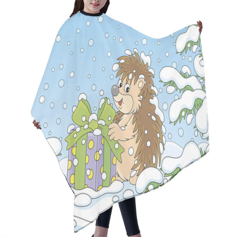 Personality  Little Prickly Surprised Hedgehog With A Christmas Gift Under Snow-covered Branches Of Green Firs In A Winter Forest On A Snowy Day, Vector Cartoon Illustration Hair Cutting Cape