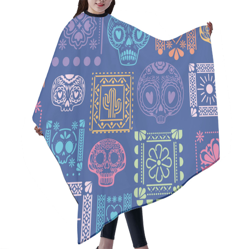 Personality  Mexican Blue Background With Skulls And Flowers Vector Design Hair Cutting Cape