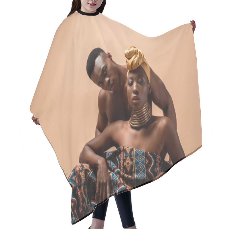 Personality  Sexy Naked Tribal Afro Woman Covered In Blanket Posing Near Man On Beige Hair Cutting Cape