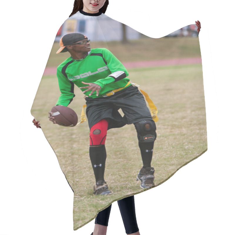 Personality  Woman Plays Quarterback On Flag Football Team Hair Cutting Cape