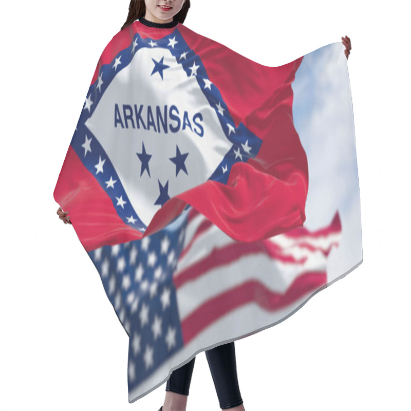 Personality  Close-up Of Arkansas State Flag Waving With The American Flag On A Clear Day. 3d Illustration Redner. Selective Focus. Rippling Fabric Hair Cutting Cape