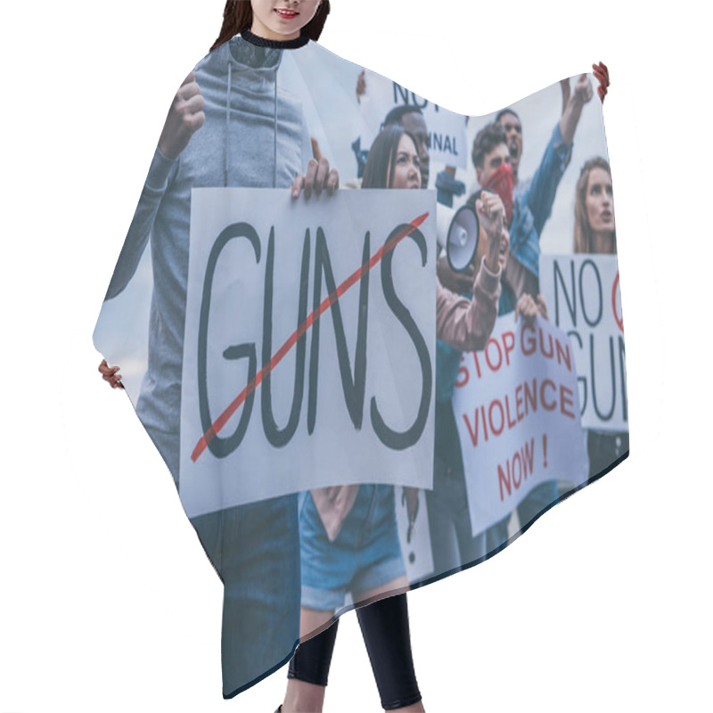 Personality  Cropped View Of Multicultural People Holding Placards With Letters  Hair Cutting Cape