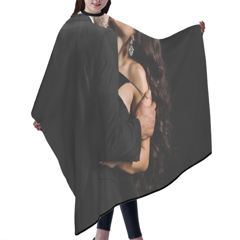 Personality  Cropped View Of Bearded Man Undressing Young Woman Isolated On Black  Hair Cutting Cape