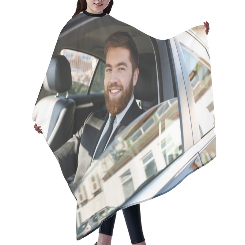 Personality  Side View Of Smiling Business Man Driving Car Hair Cutting Cape