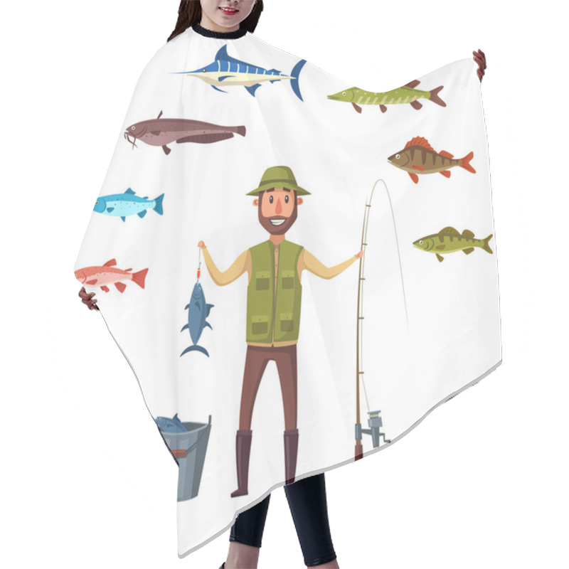 Personality  Fisher Man, Fish Catch Of Isolated Vector Fishes Hair Cutting Cape