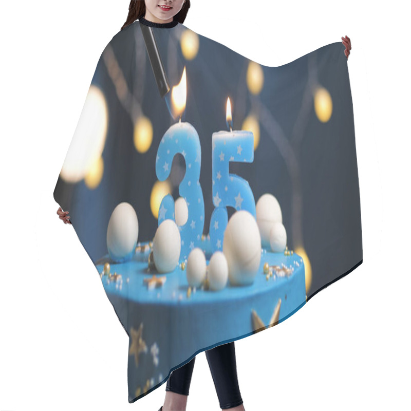 Personality  Birthday Cake Number 35 Stars Sky And Moon Concept, Blue Candle Is Fire By Lighter. Copyspace On Right Side Of Screen. Close-up View Hair Cutting Cape