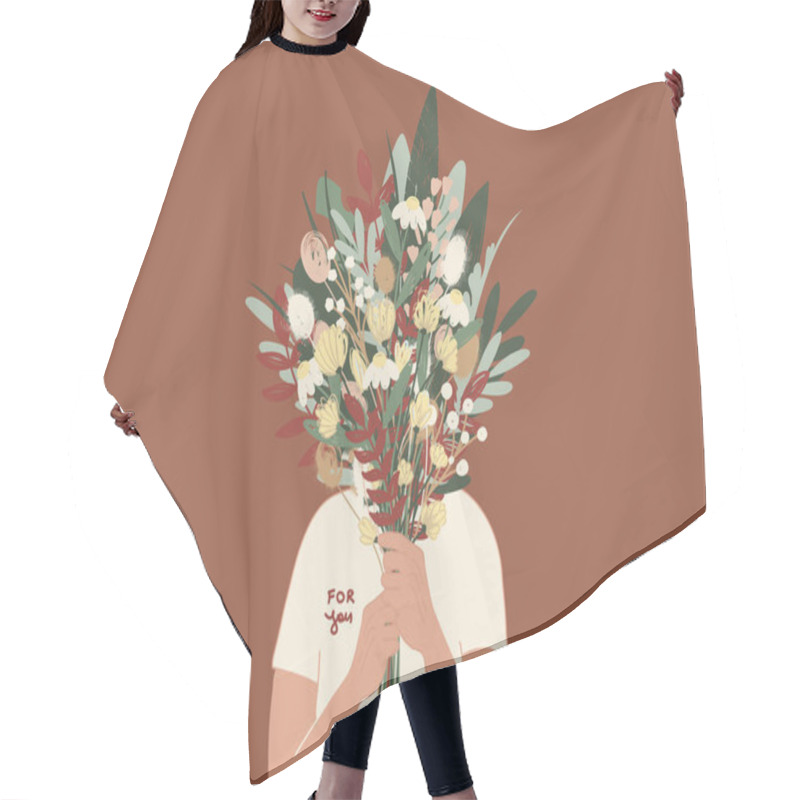 Personality  Illustration Of Person In T-shirt With For You Lettering Holding Bouquet Of Flowers Hair Cutting Cape