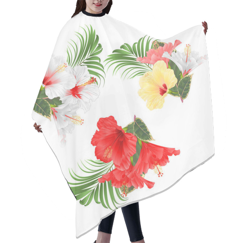 Personality  Tropical Flowers  Floral Arrangement, With White Red Various Hibiscus And  Ficus And Palm Set Watercolor  On A White Background Vintage Vector Illustration  Editable Hand Draw Hair Cutting Cape