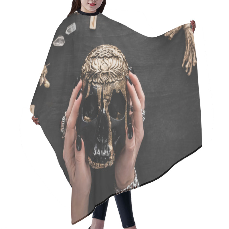 Personality  Top View Of Witch Holding Skull Near Runes, Crystals And Voodoo Doll On Black  Hair Cutting Cape