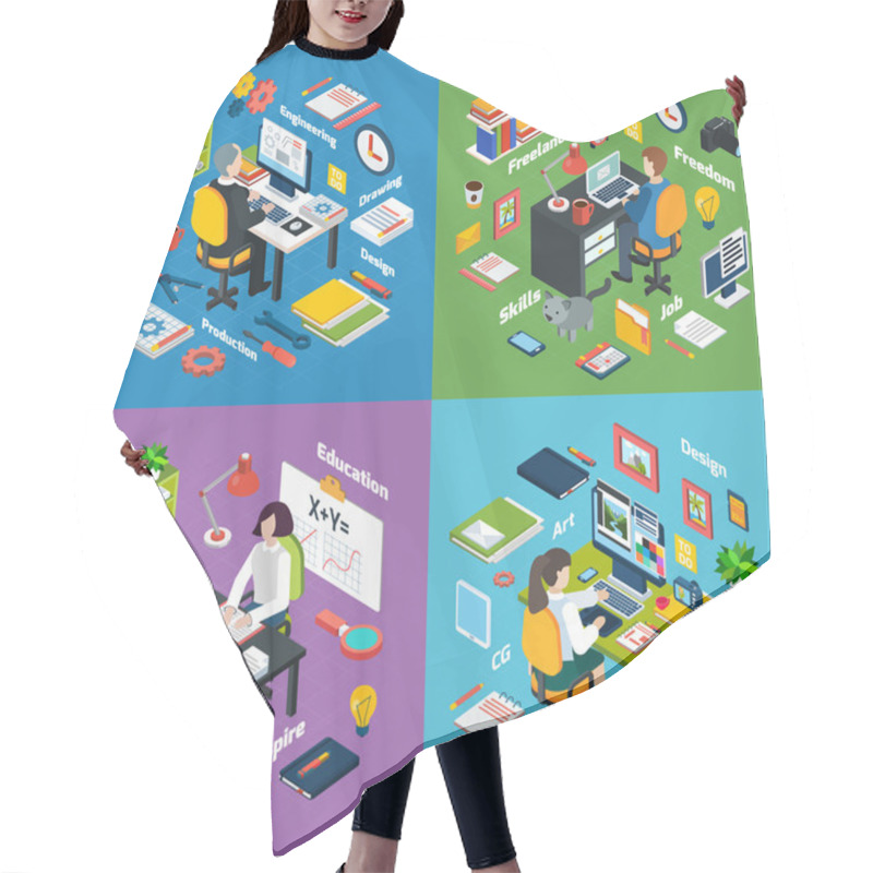 Personality   Professional Workplace Isometric 4 Icons Square  Hair Cutting Cape