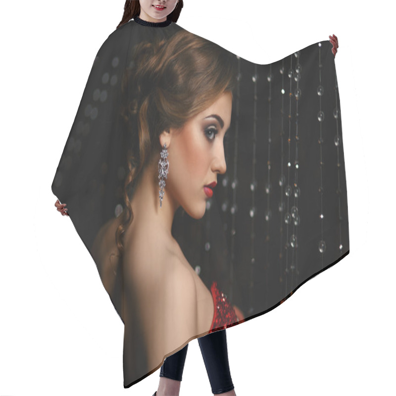 Personality  Closeup Fashionable Woman On Black Background Hair Cutting Cape