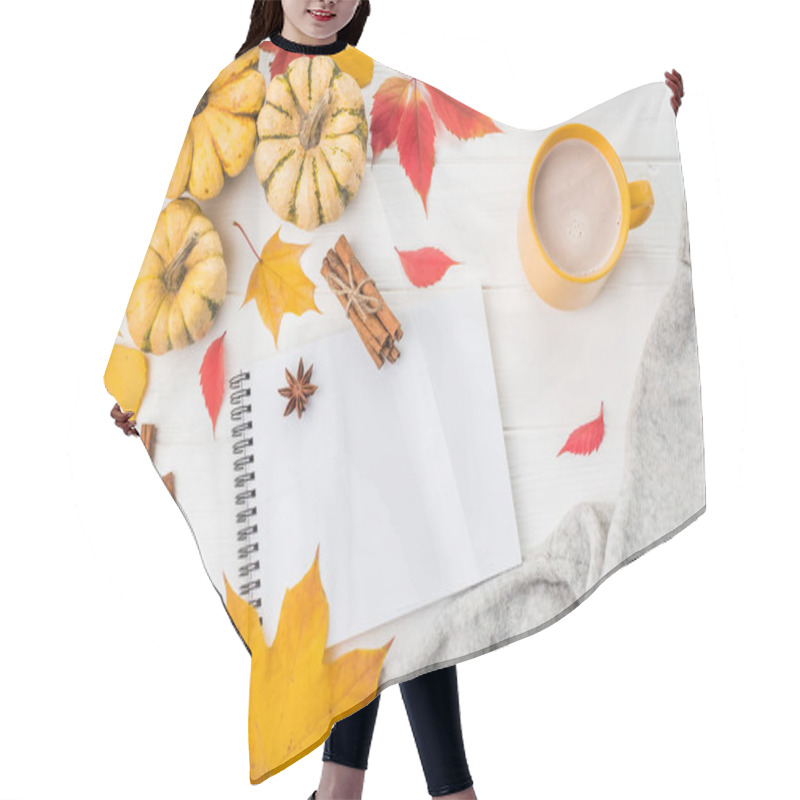 Personality  Autumn Flat Lay. Pumpkins And Yellow Leaves On White Wooden Background. Space For Text. Hair Cutting Cape