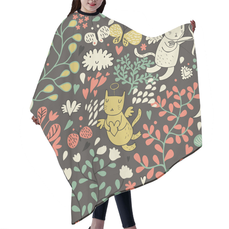 Personality  Romantic Floral Valentine Pattern With Angel Cats And Butterflies. Seamless Tiling Hair Cutting Cape