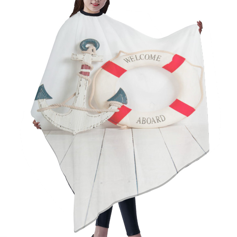 Personality  Anchor And Life Buoy On A White Wooden Floor Hair Cutting Cape