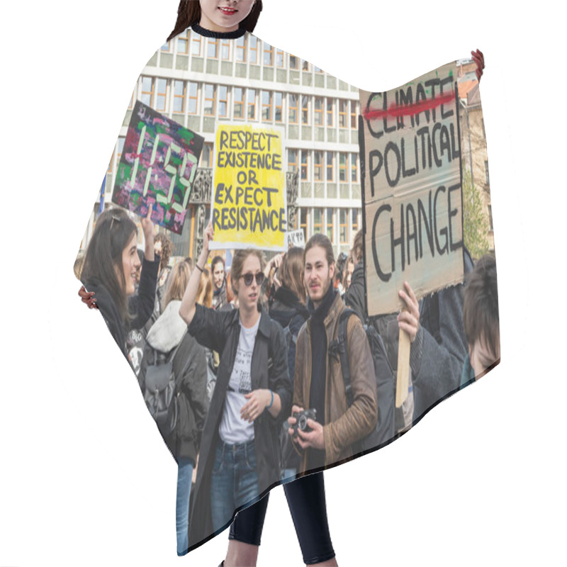 Personality  Slovenia, Ljubljana 15.03.2019 - Young Protestors With Banners At A Youth Strike For Climate March Hair Cutting Cape