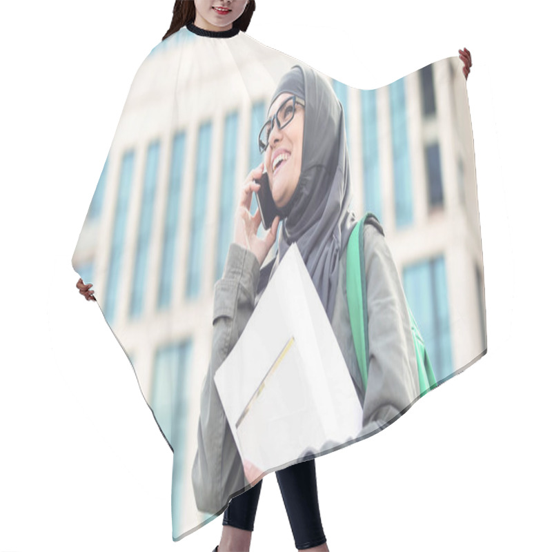 Personality  Cheerful Arabic Female Student Talking On Phone Standing On University Campus Hair Cutting Cape